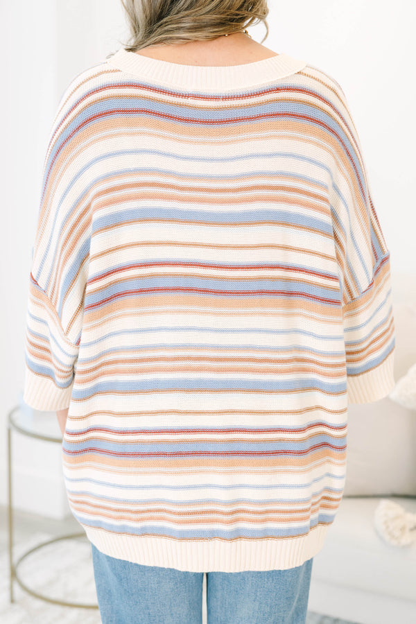 Plus size brown multi striped sweater tunic with drop shoulders