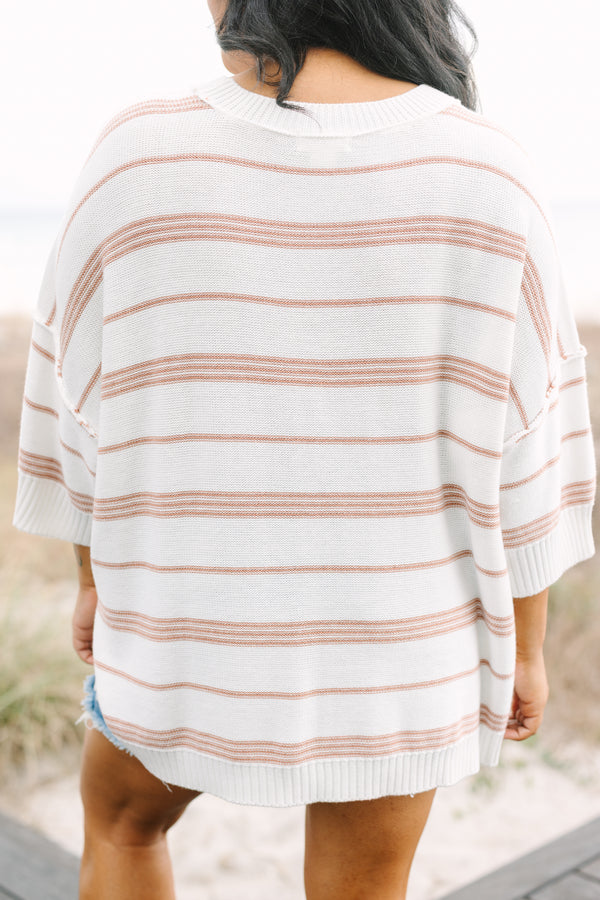 Chic Soul plus size clothing, white and tan horizontal stripe midi sleeve light knit sweater