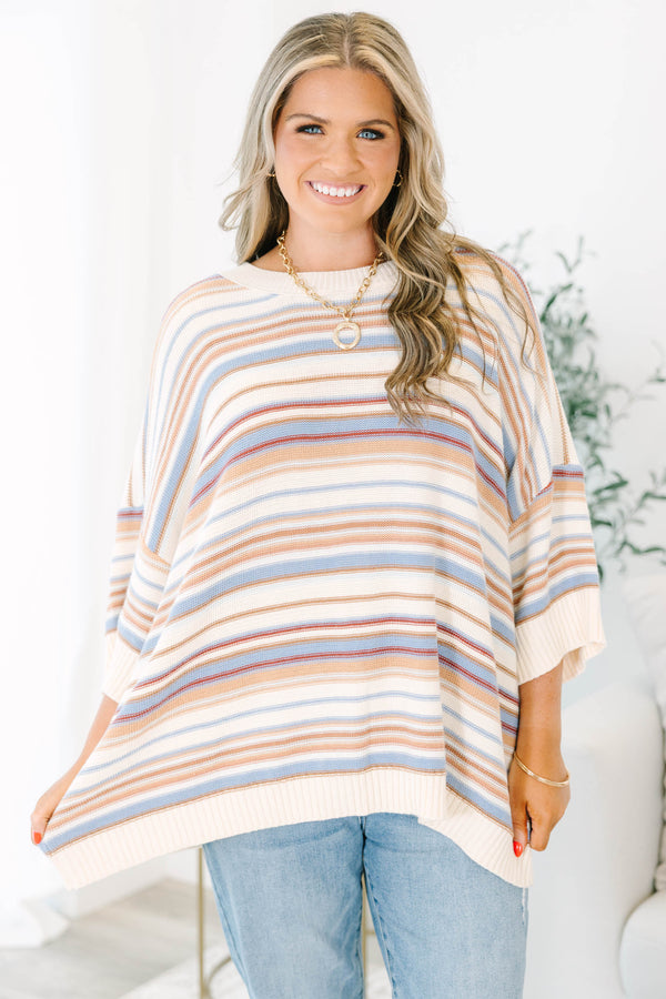 Plus size brown multi striped sweater tunic with drop shoulders