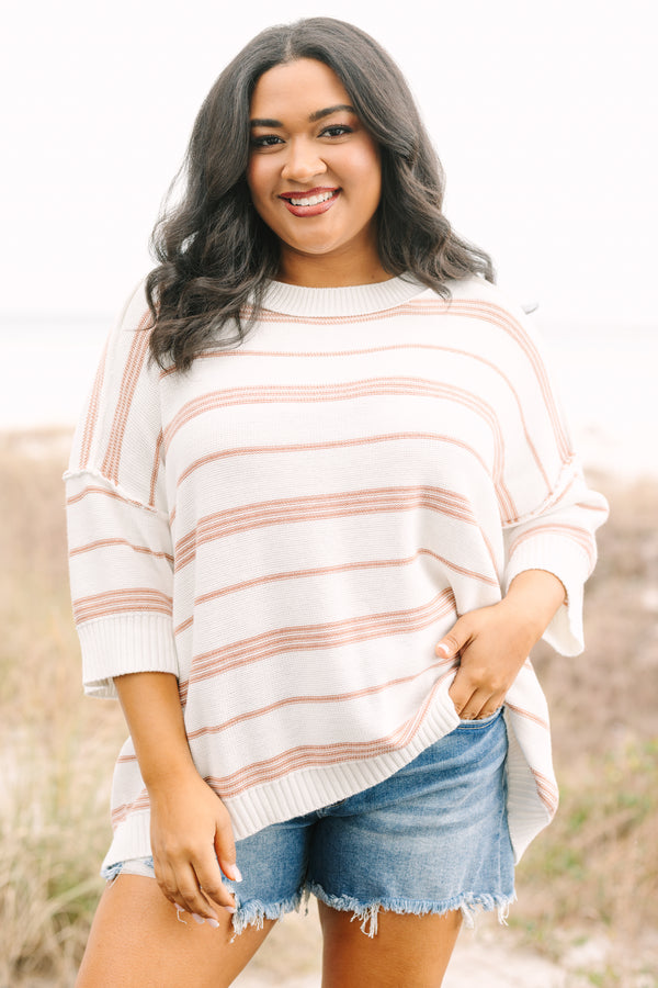 Chic Soul plus size clothing, white and tan horizontal stripe midi sleeve light knit sweater