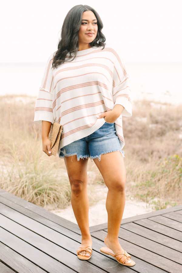 Chic Soul plus size clothing, white and tan horizontal stripe midi sleeve light knit sweater