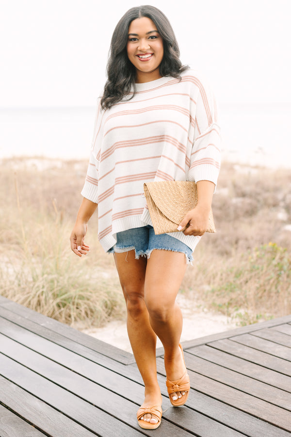 Chic Soul plus size clothing, white and tan horizontal stripe midi sleeve light knit sweater