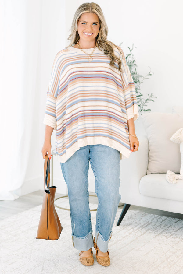 Plus size brown multi striped sweater tunic with drop shoulders