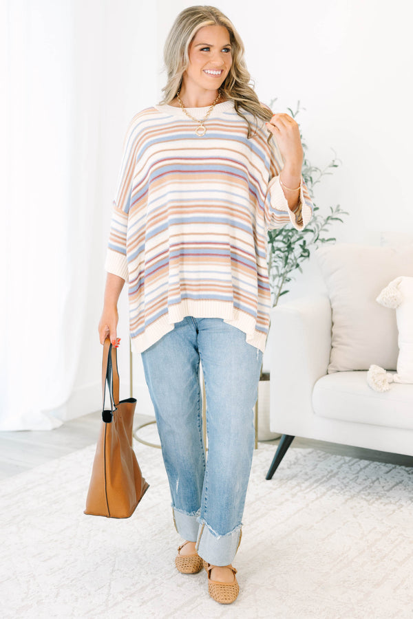 Plus size brown multi striped sweater tunic with drop shoulders