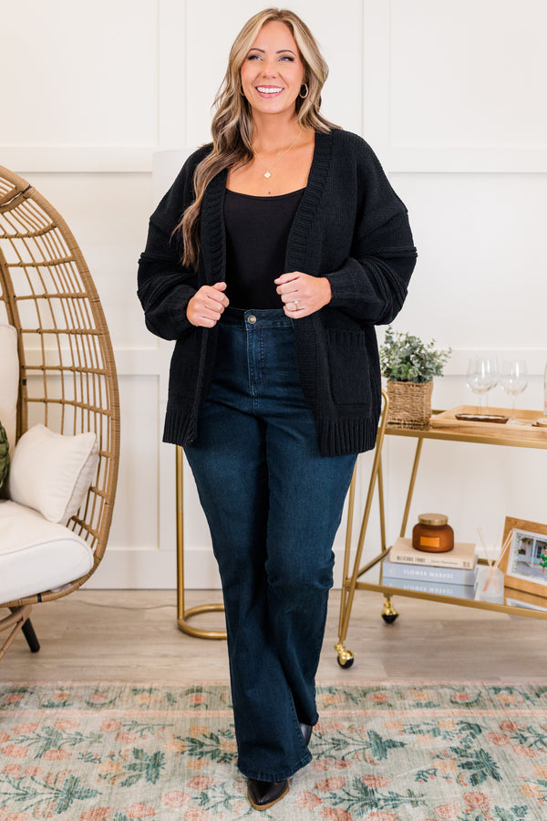 Chic Soul plus size clothing, black long sleeve knit short cardigan with cuffed sleeves and outer stitch detail on sleeves