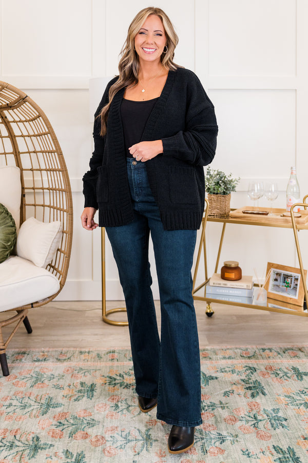 Chic Soul plus size clothing, black long sleeve knit short cardigan with cuffed sleeves and outer stitch detail on sleeves