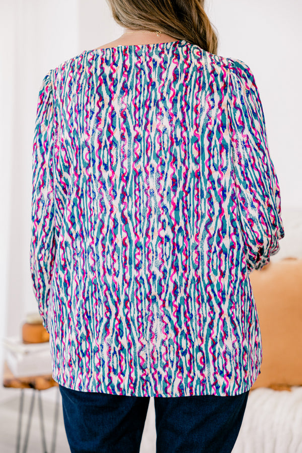 Chic Soul plus size clothing, multi-colored jade long sleeve top with an abstract line pattern and slight v-neckline 