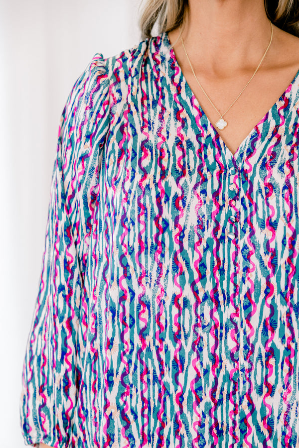 Chic Soul plus size clothing, multi-colored jade long sleeve top with an abstract line pattern and slight v-neckline 