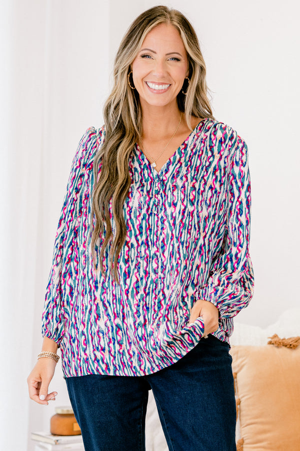 Chic Soul plus size clothing, multi-colored jade long sleeve top with an abstract line pattern and slight v-neckline 