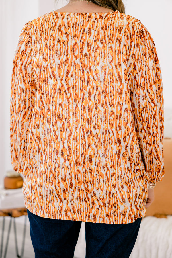 Chic Soul plus size clothing, mustard and red abstract pattern long sleeve top with cinched sleeves at the wrist