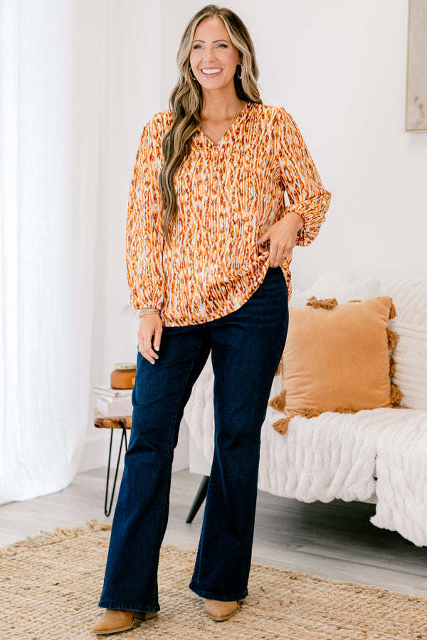 Chic Soul plus size clothing, mustard and red abstract pattern long sleeve top with cinched sleeves at the wrist