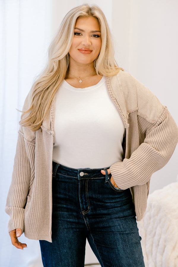 Chic Soul plus size clothing, stone tan long sleeve knit cardigan