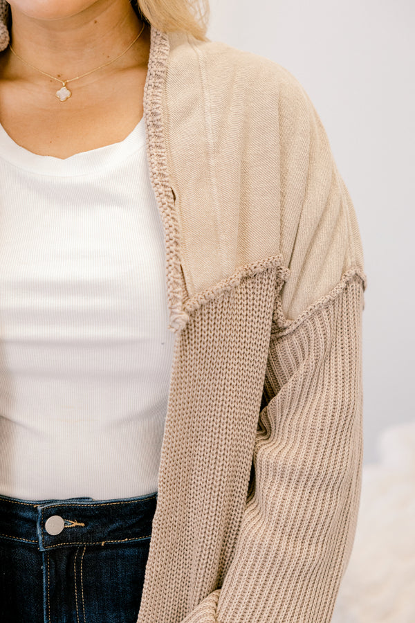 Chic Soul plus size clothing, stone tan long sleeve knit cardigan