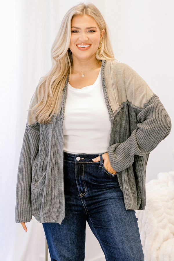 Chic Soul plus size clothing, grey knit open cardigan with tan patch on the shoulder