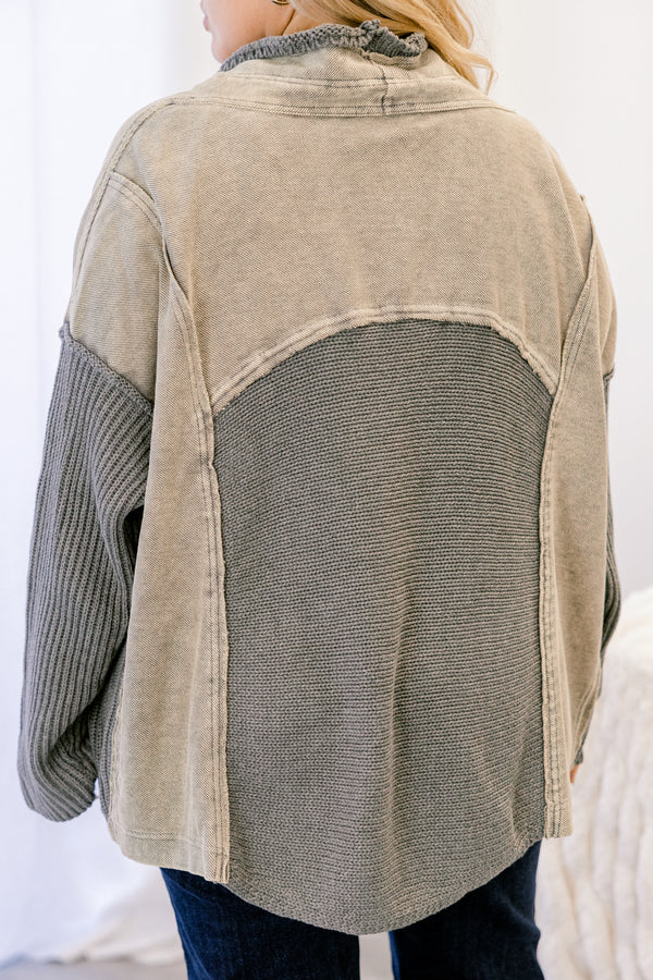 Chic Soul plus size clothing, grey knit open cardigan with tan patch on the shoulder