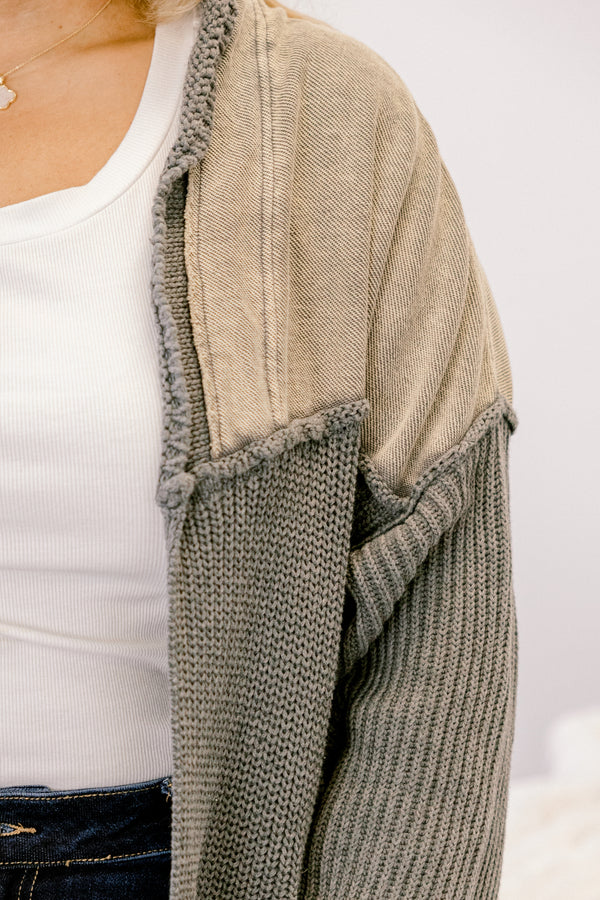 Chic Soul plus size clothing, grey knit open cardigan with tan patch on the shoulder