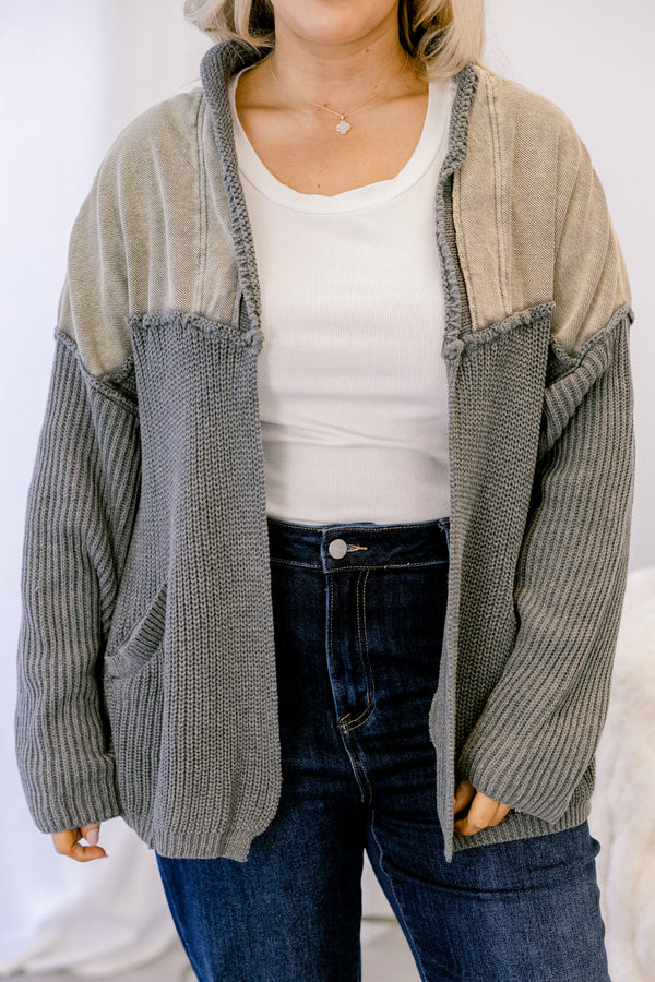 Chic Soul plus size clothing, grey knit open cardigan with tan patch on the shoulder