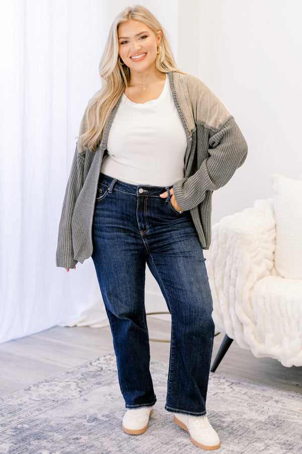 Chic Soul plus size clothing, grey knit open cardigan with tan patch on the shoulder