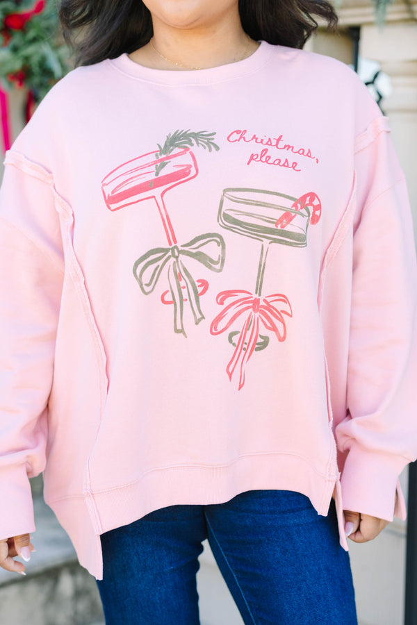 Plus size dusty pink cotton crewneck with a Christmas cocktail graphic and relaxed fit.