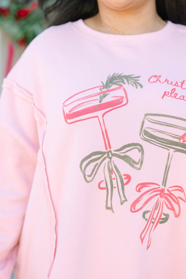 Plus size dusty pink cotton crewneck with a Christmas cocktail graphic and relaxed fit.
