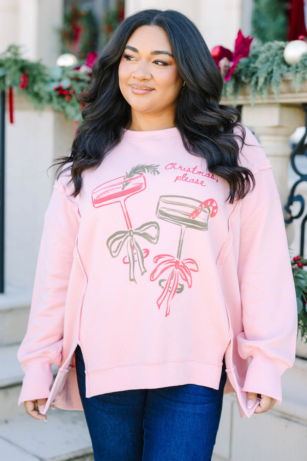 Plus size dusty pink cotton crewneck with a Christmas cocktail graphic and relaxed fit.