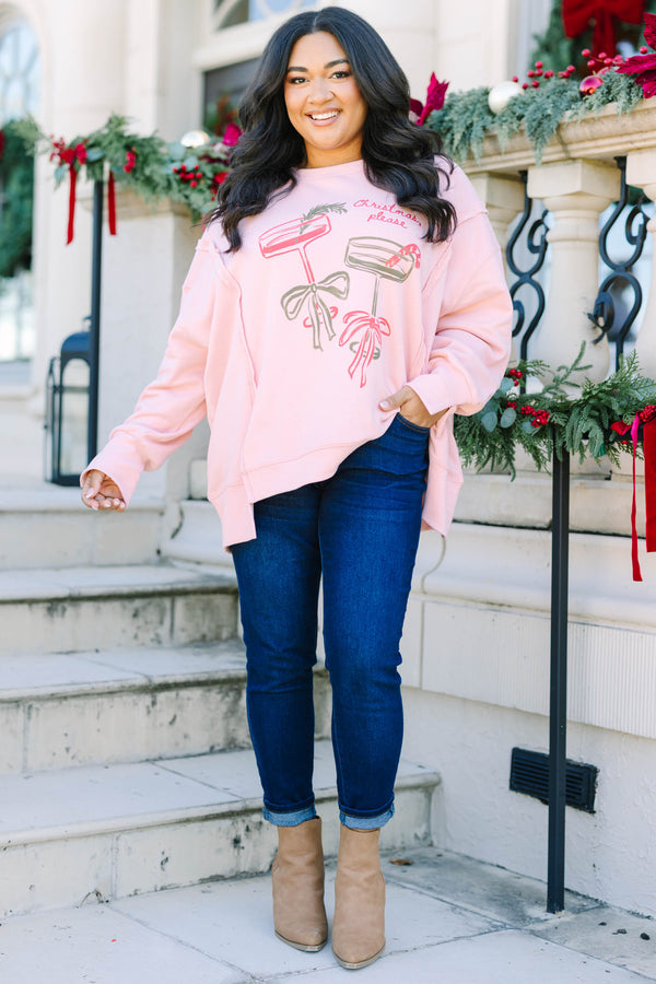 Plus size dusty pink cotton crewneck with a Christmas cocktail graphic and relaxed fit.