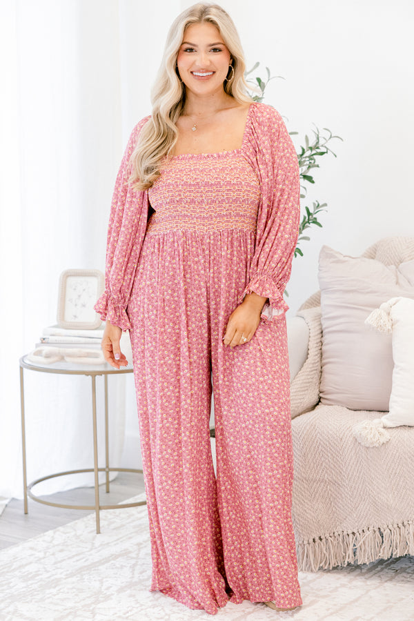 Chic Soul plus size clothing, pink and white floral print long sleeve square neck jumpsuit with wide leg pants and cinching at the end of the sleeves