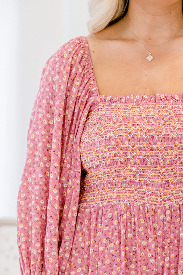 Chic Soul plus size clothing, pink and white floral print long sleeve square neck jumpsuit with wide leg pants and cinching at the end of the sleeves