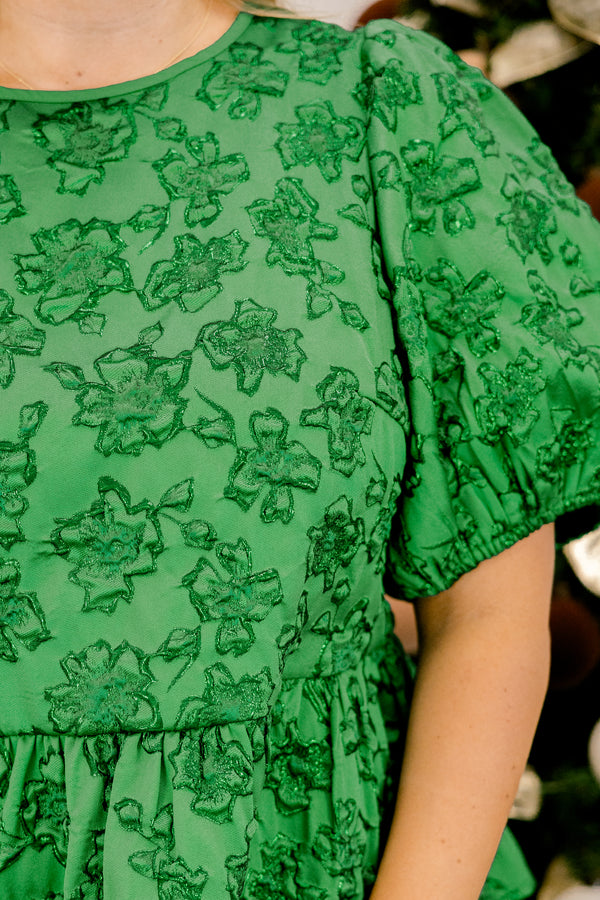 Chic Soul plus size clothing, green short puff sleeve baby doll top with floral stitching detailing 