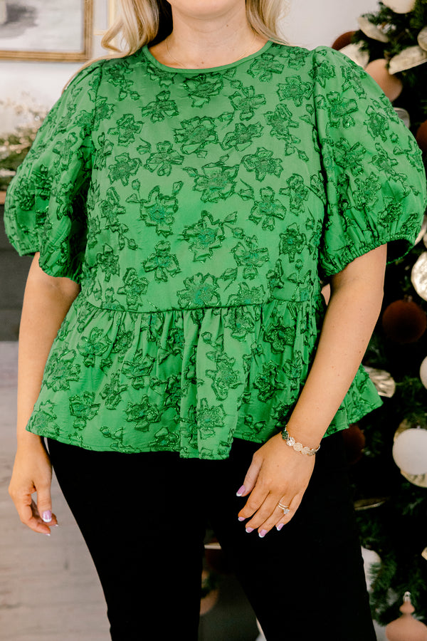 Chic Soul plus size clothing, green short puff sleeve baby doll top with floral stitching detailing 