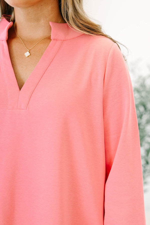 Chic Soul plus size clothing, hot pink long sleeve short athletic dress with v neckline 