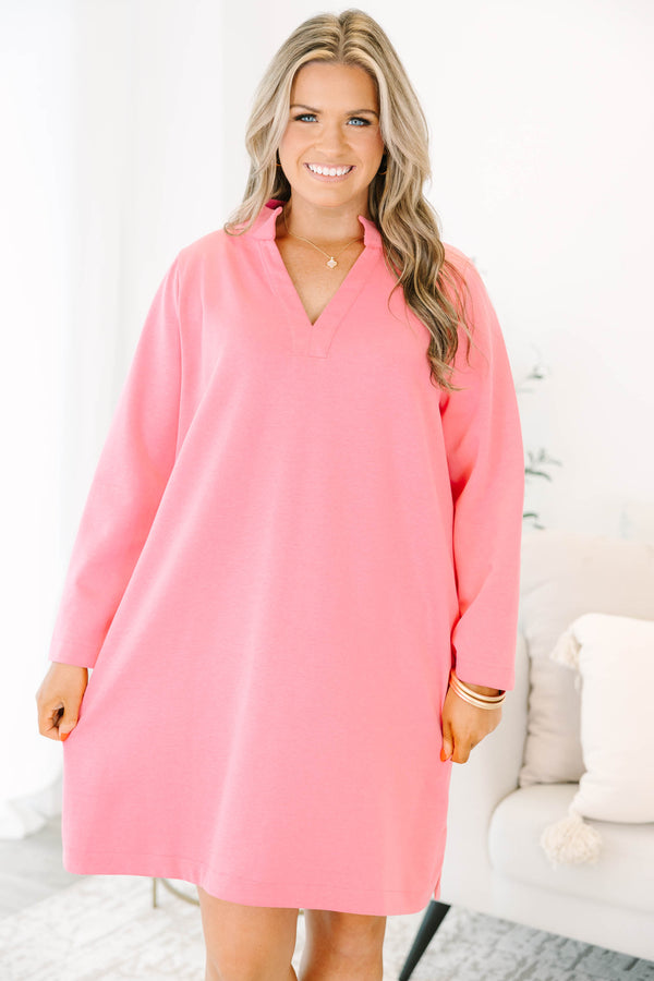 Chic Soul plus size clothing, hot pink long sleeve short athletic dress with v neckline 