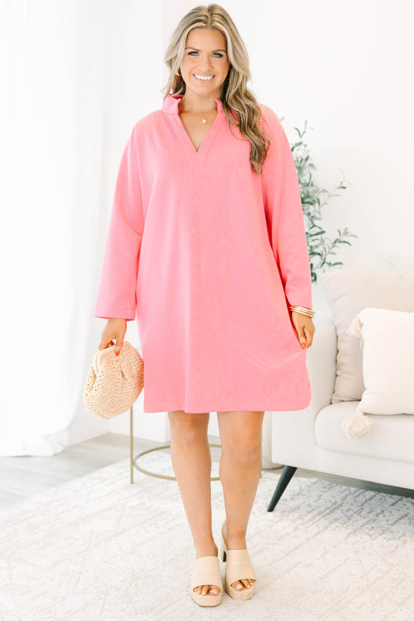 Chic Soul plus size clothing, hot pink long sleeve short athletic dress with v neckline 