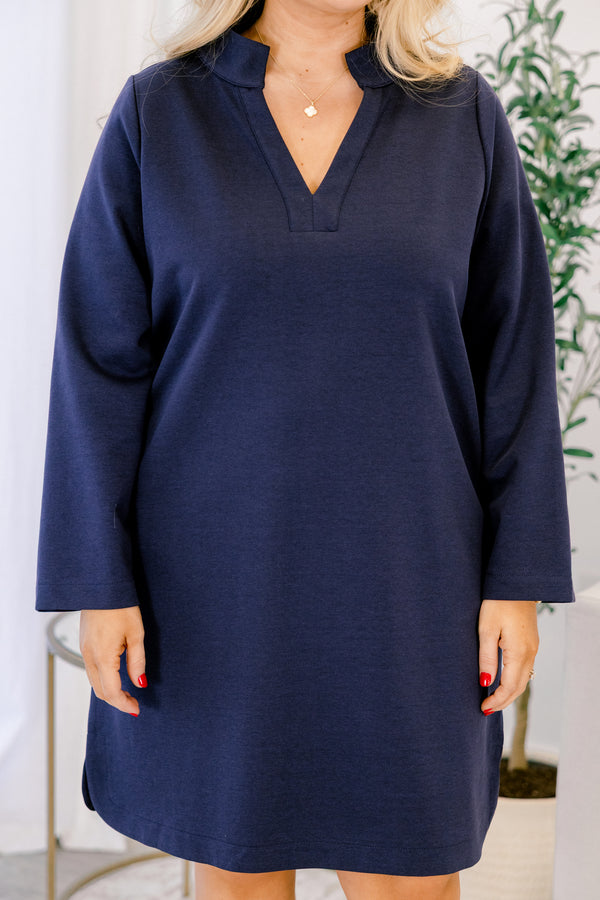Chic Soul plus size clothing, solid navy dress, long sleeve, midi length, v-neck collar