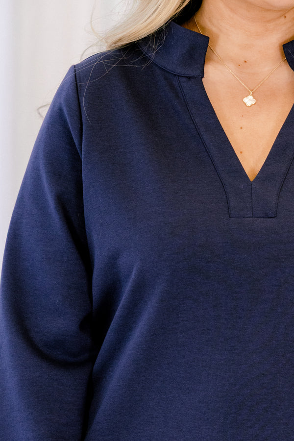 Chic Soul plus size clothing, solid navy dress, long sleeve, midi length, v-neck collar