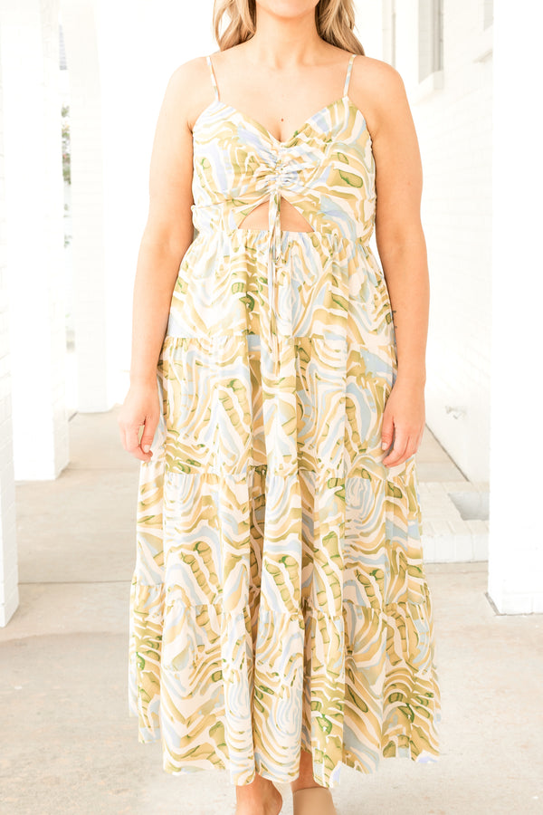 Chic Soul plus size clothing, green abstract pattern midi dress with ruched bodice