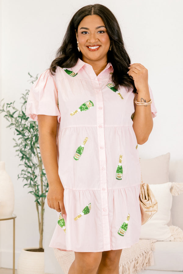 Chic Soul plus size clothing, puffed-short-sleeve solid pink collared ruffled buttoned babydoll dress with embroidered sequin patches of champagne bottles scattered across dress 