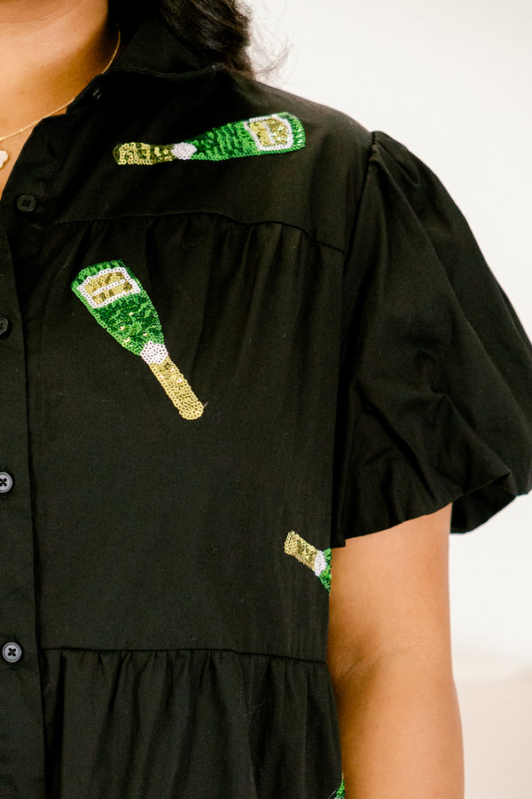 Chic Soul plus size clothing, short-puffed-sleeve buttoned collared ruffled baby doll dress with embroidered sequin patches of champagne scattered across dress