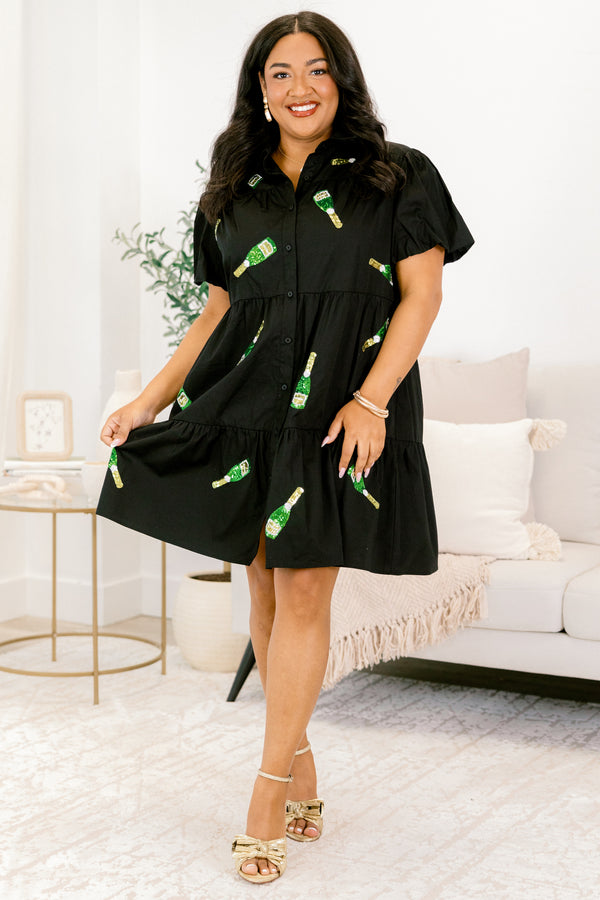 Chic Soul plus size clothing, short-puffed-sleeve buttoned collared ruffled baby doll dress with embroidered sequin patches of champagne scattered across dress