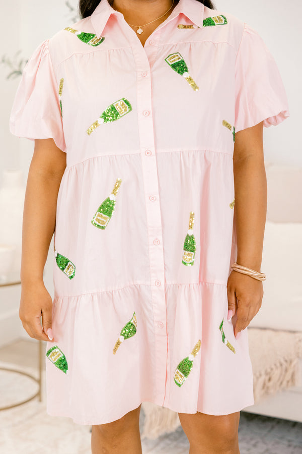 Chic Soul plus size clothing, puffed-short-sleeve solid pink collared ruffled buttoned babydoll dress with embroidered sequin patches of champagne bottles scattered across dress 