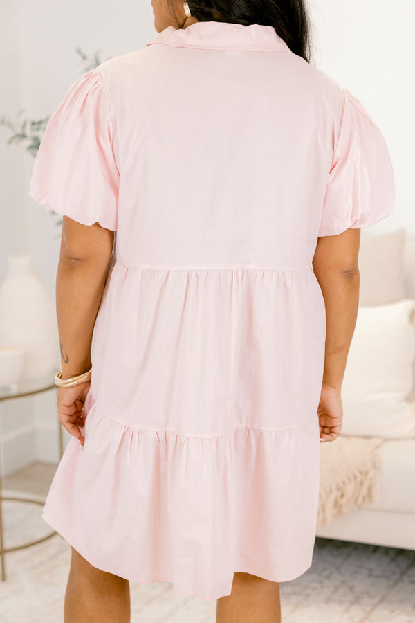 Chic Soul plus size clothing, puffed-short-sleeve solid pink collared ruffled buttoned babydoll dress with embroidered sequin patches of champagne bottles scattered across dress 