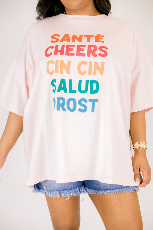 Chic soul plus size clothing, light pink short sleeve boyfriend tee with muti colored block text