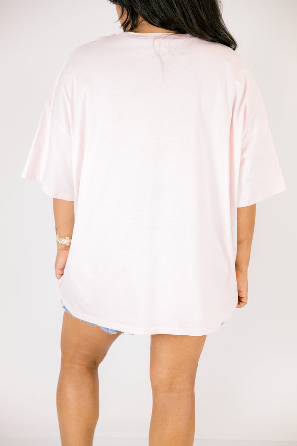 Chic soul plus size clothing, light pink short sleeve boyfriend tee with muti colored block text