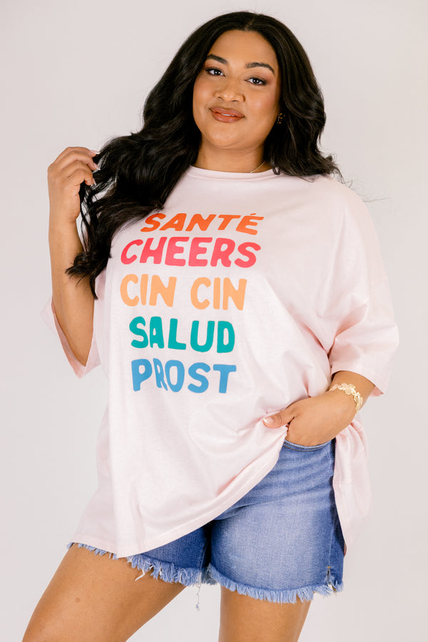 Chic soul plus size clothing, light pink short sleeve boyfriend tee with muti colored block text