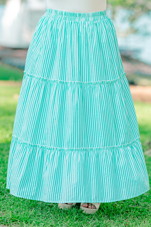 Chic Soul plus size clothing, green vertical pin stripe pattern tiered midi skirt with stretchy waistband 