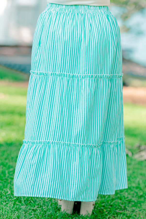Chic Soul plus size clothing, green vertical pin stripe pattern tiered midi skirt with stretchy waistband 