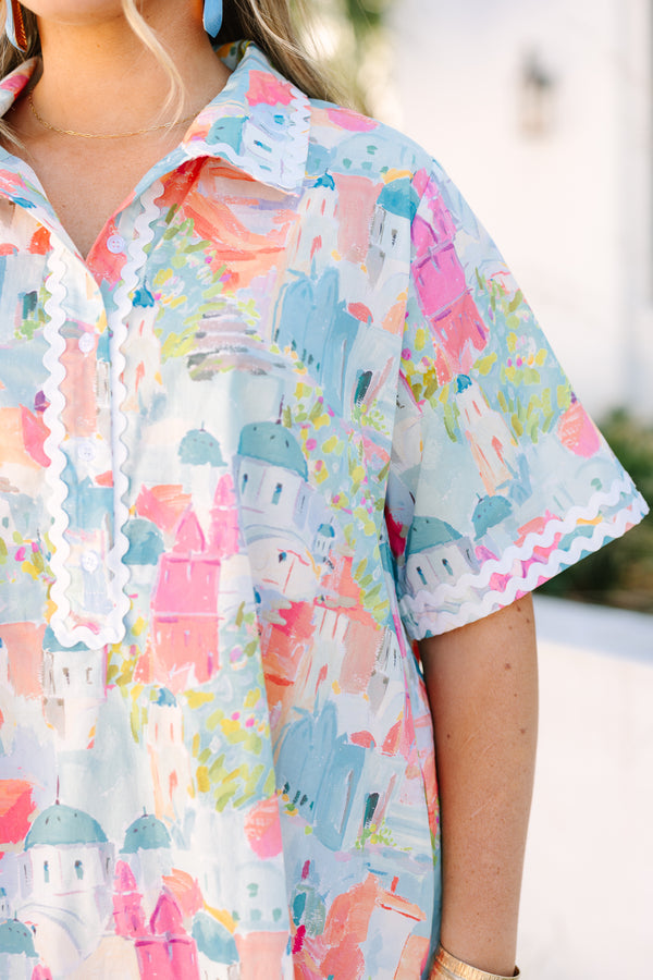 Chic Soul plus size clothing, light pastel multi color print short sleeve shift dress with white scalloped trim and a collar