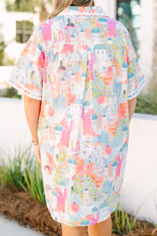 Chic Soul plus size clothing, light pastel multi color print short sleeve shift dress with white scalloped trim and a collar