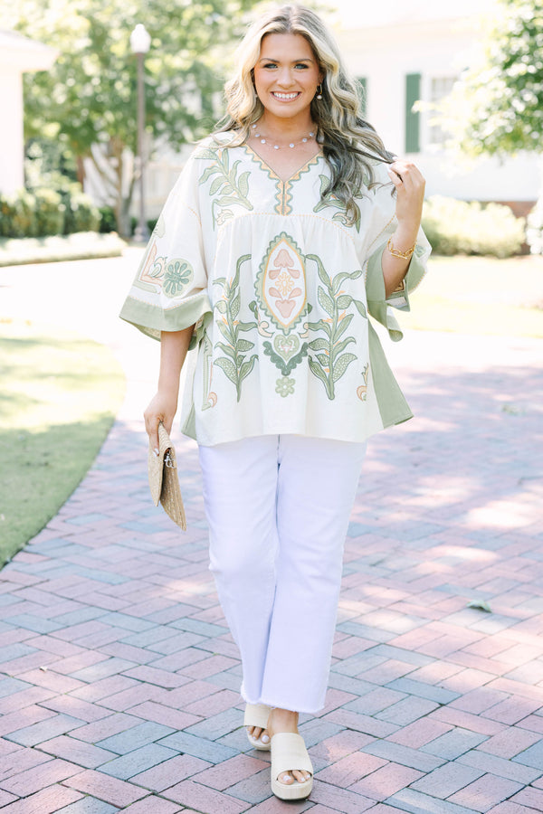 Plus size top in olive, a flowy 100% cotton boho blouse with intricate embroidery.