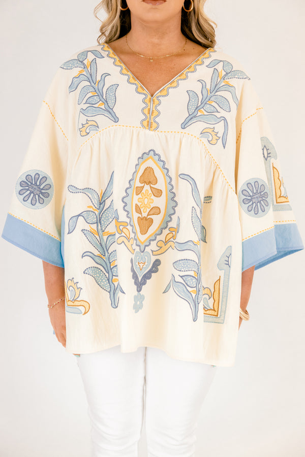 Chic Soul plus size clothing, yellow and light blue patterned 3/4 wide sleeve baby doll top